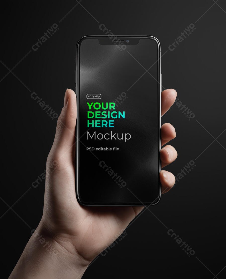 Mockup de Smartphone Moderno Preto Segurado por Mão Realista em Fundo Escuro