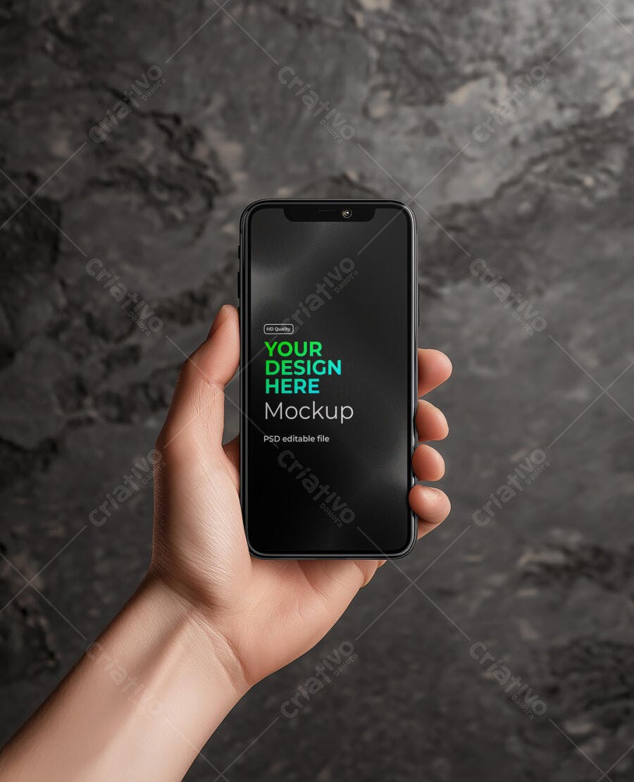 Mockup Smartphone Moderno Preto Realista com Mão em Fundo Texturizado Escuro