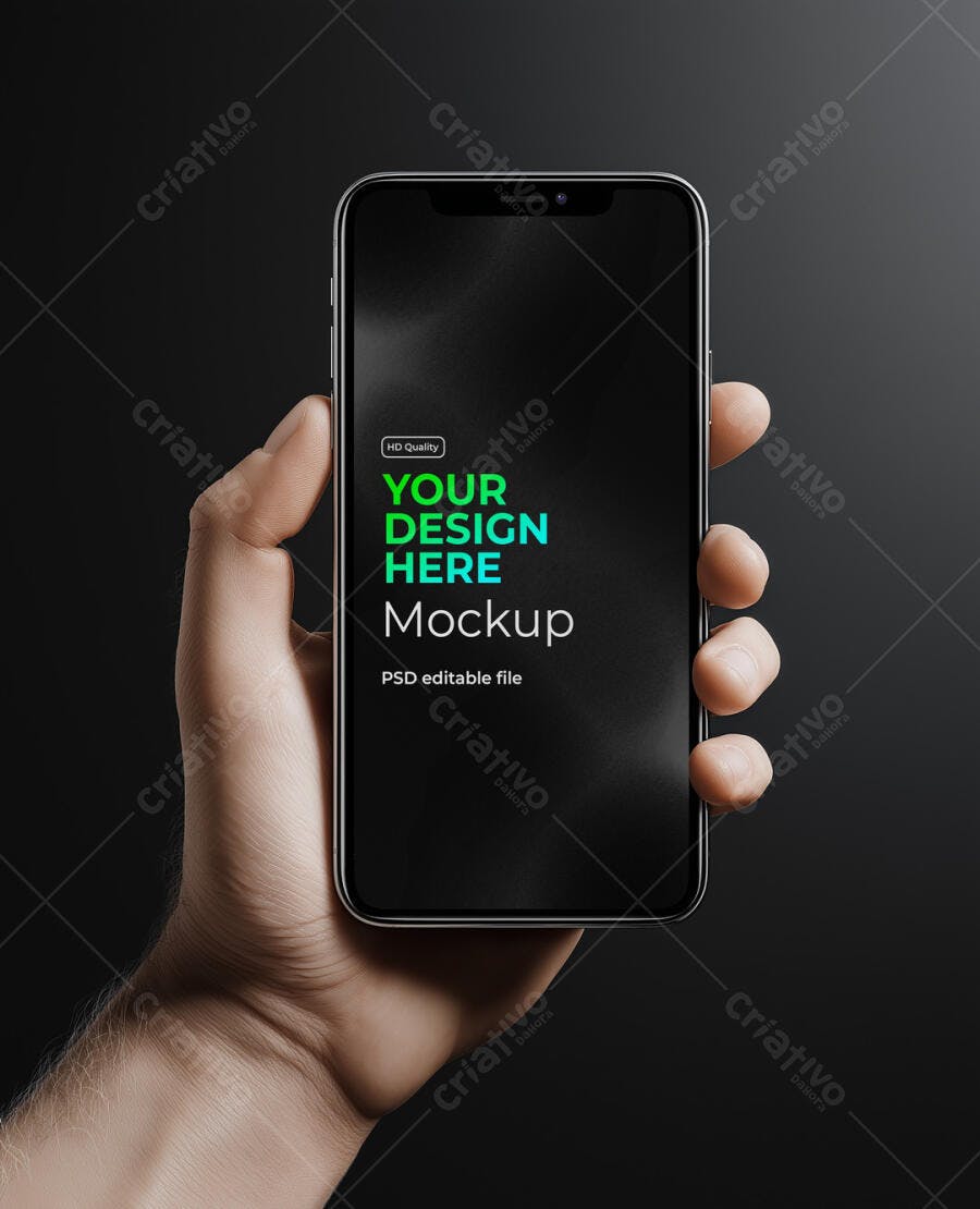 Mockup Realista de Smartphone Moderno em Mão com Fundo Escuro Minimalista