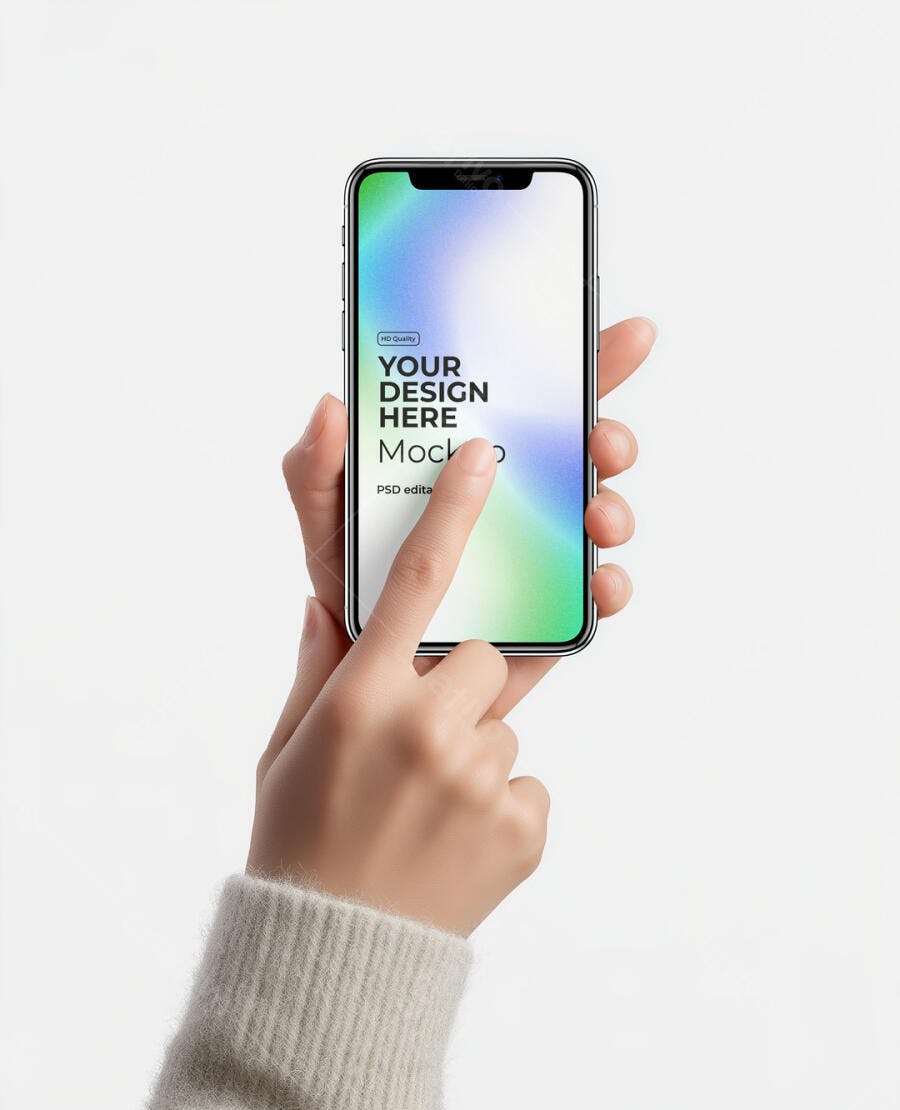 Mockup de Smartphone Moderno com Mão Feminina Tocando a Tela Fundo Branco