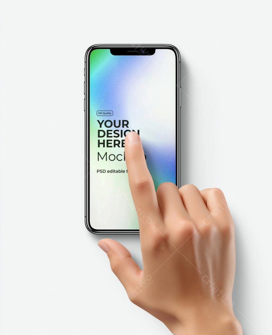 Mockup Realista de Smartphone Preto com Mão de Pele Clara Tocando Tela Interativa