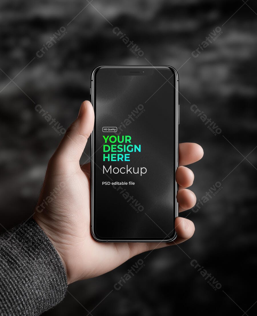 Mockup Smartphone Moderno em Mão Masculina Realista Fundo Escuro Minimalista