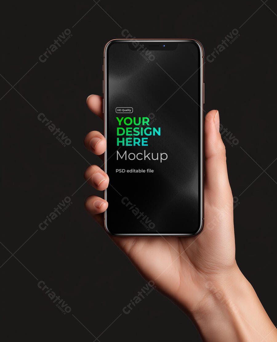 Mockup Smartphone Moderno Dourado em Mão Feminina Fundo Escuro