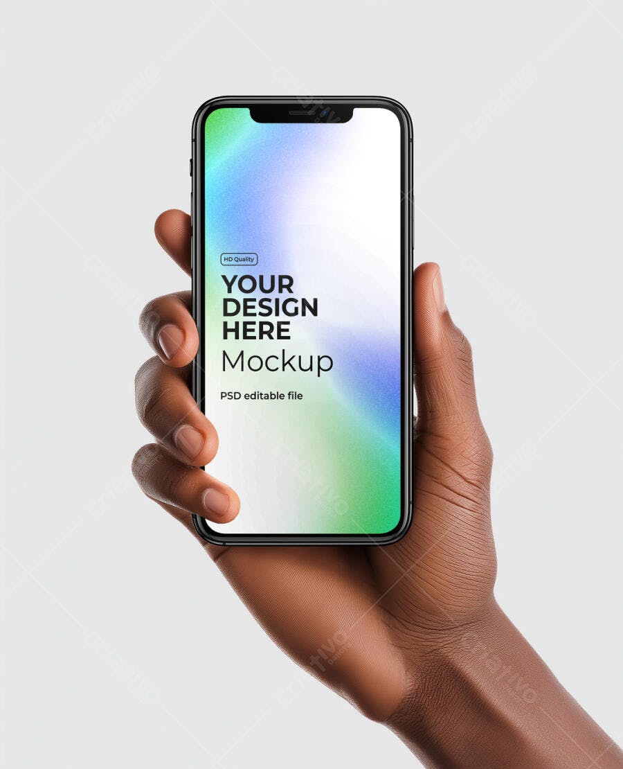 Mockup de Smartphone Preto Moderno em Mão de Pessoa Negra para UI/UX