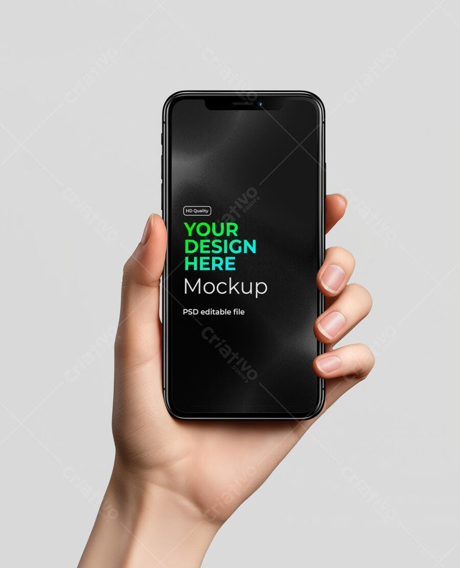 Mockup Realista de Smartphone Preto com Tela Editável Segurado por Mão Humana