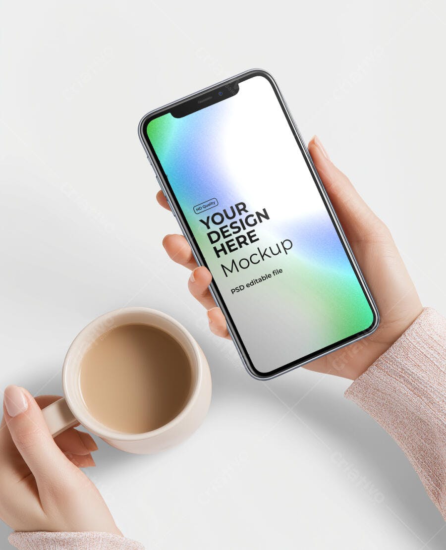 Mockup Realista de Smartphone Moderno com Mãos e Café para Apresentação Digital
