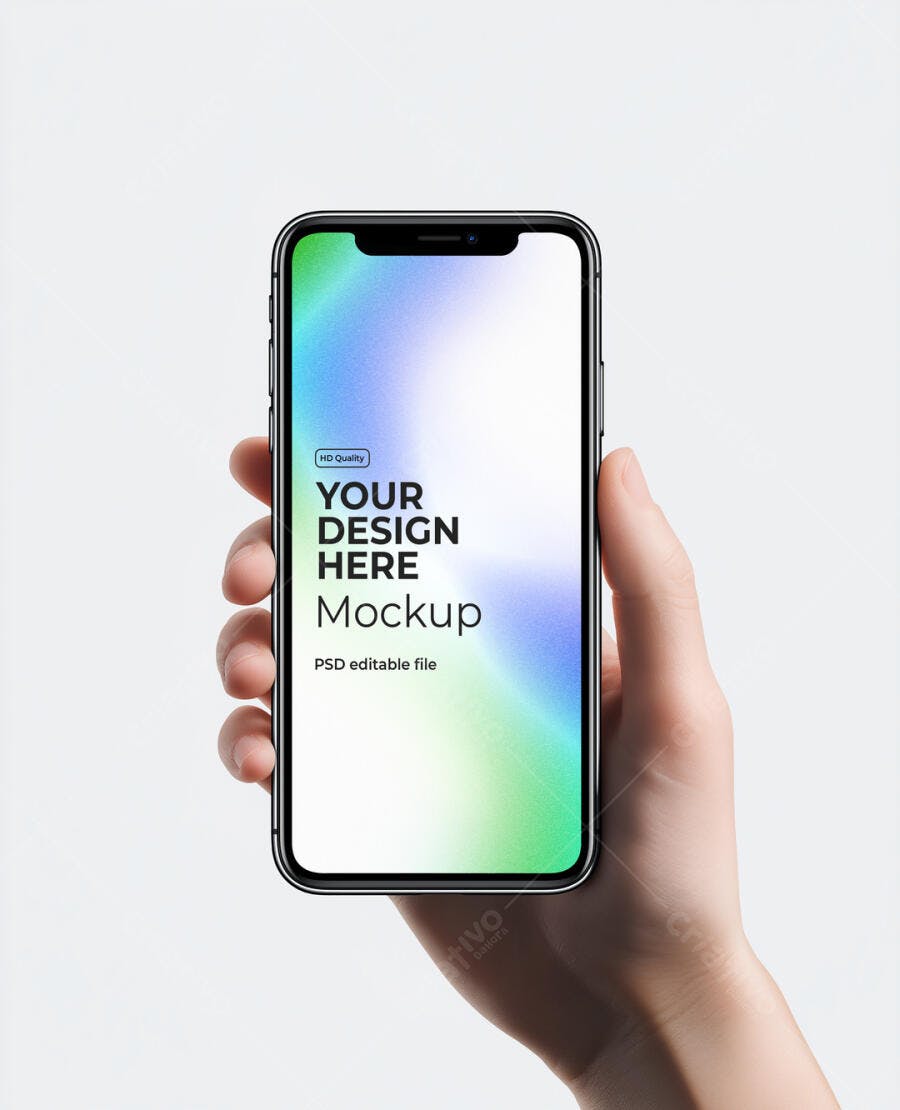 Mockup Realista de Smartphone Moderno na Mão Feminina com Tela Vibrante Fundo Branco