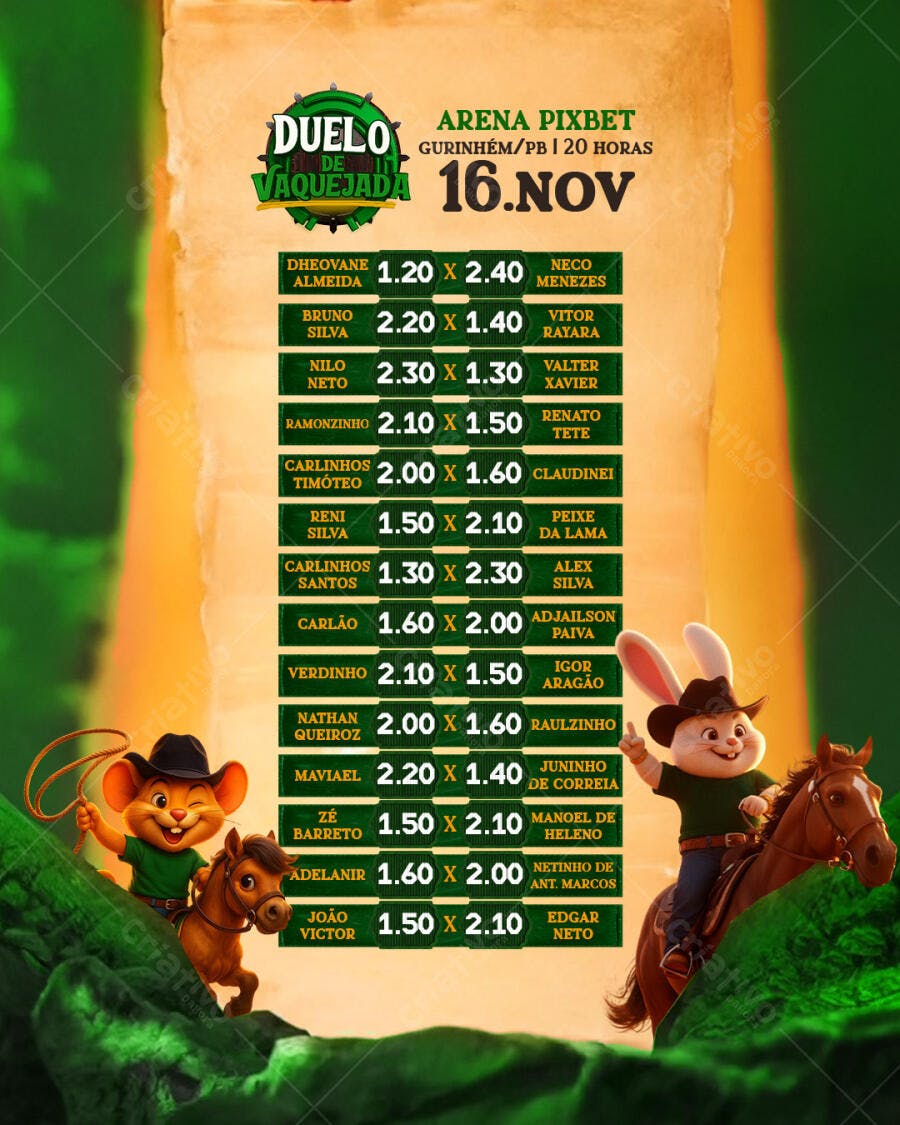 Flyer Duelo de Vaquejada Cartoon com Mouse e Coelho Vaqueiro PSD Editável