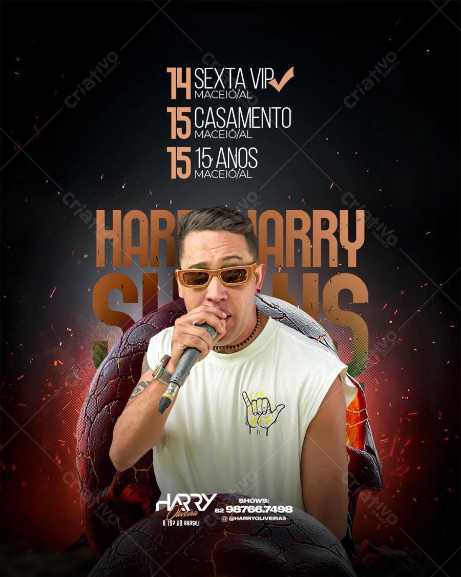 Flyer de Show para Cantor Harry Oliveira com Microfone e Agenda PSD Editável