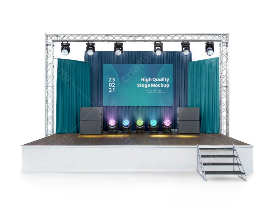 Mockup de Palco Profissional Moderno com Estrutura Truss e Luzes Coloridas para Eventos