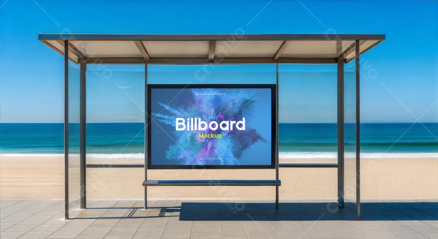 Mockup Realista de Painel Digital em Abrigo de Ônibus na Praia Cenário Azul