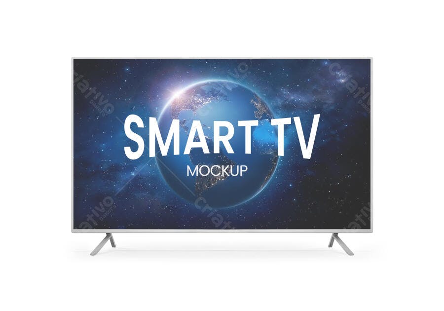 Mockup Smart TV Moderna com Tela Ultra HD em Fundo Branco Limpo e Suporte Prateado