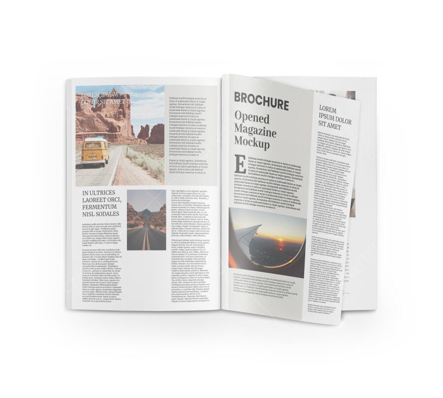Mockup de Revista Aberta Realista Páginas Duplas com Conteúdo de Viagem