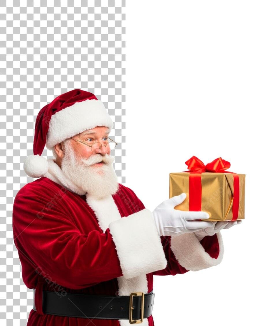 Foto Papai Noel barbudo sorridente presente dourado vermelho Natal PNG com fundo transparente