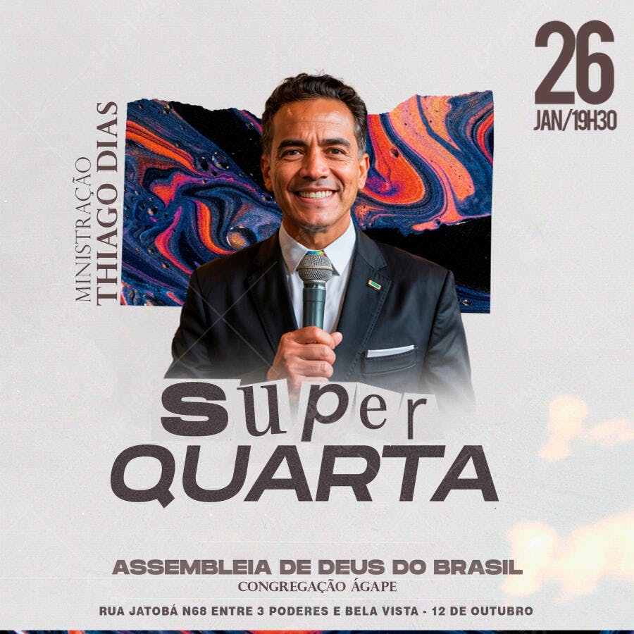 Flyer Super Quarta Ministração Thiago Dias PSD Editável