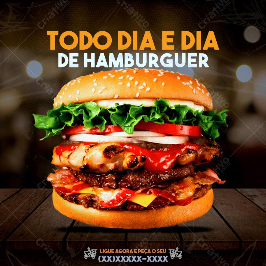 Post Redes Sociais Todo Dia é Dia de Hambúrguer com Bacon PSD Editável