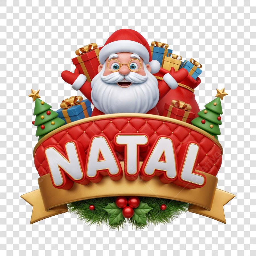Ilustração 3D Papai Noel Natal presentes árvores festivas vermelho dourado PNG com fundo transparente