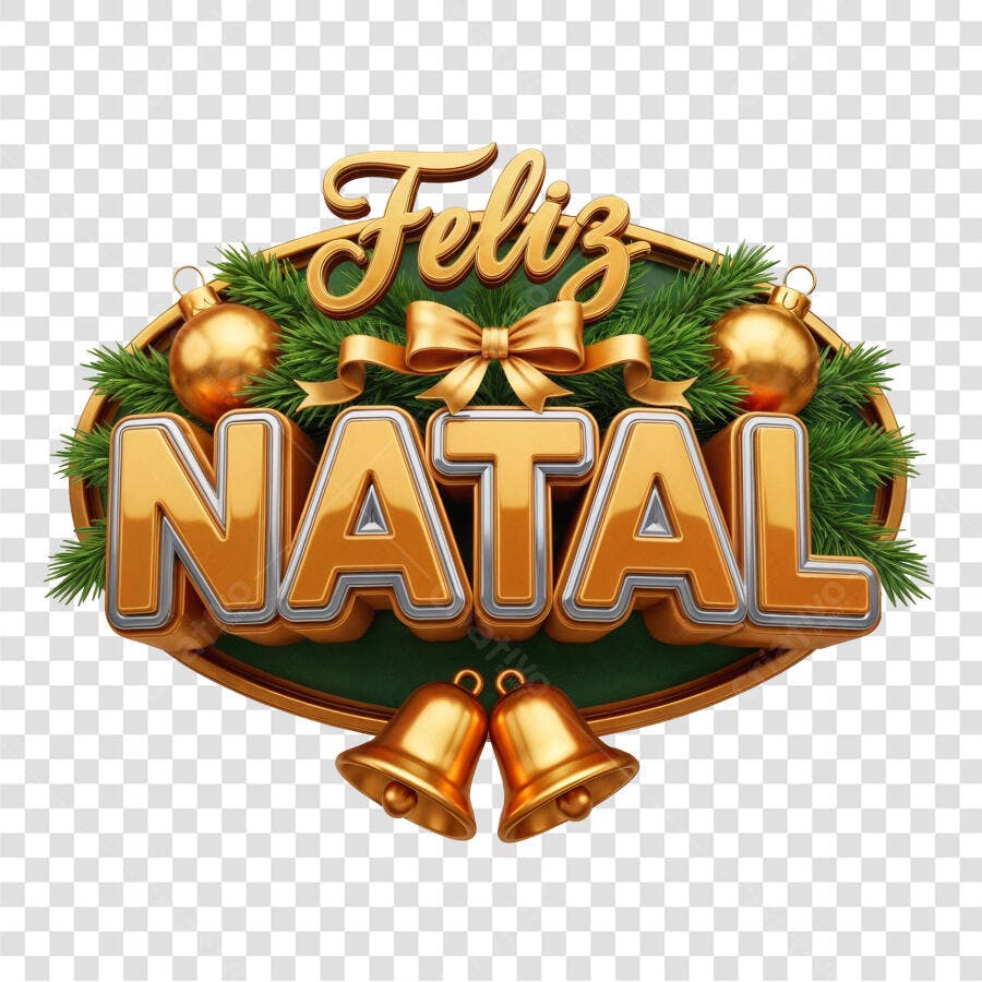 Arte Feliz Natal 3D Dourado Verde Sinos Laço Guirlanda PNG com fundo transparente