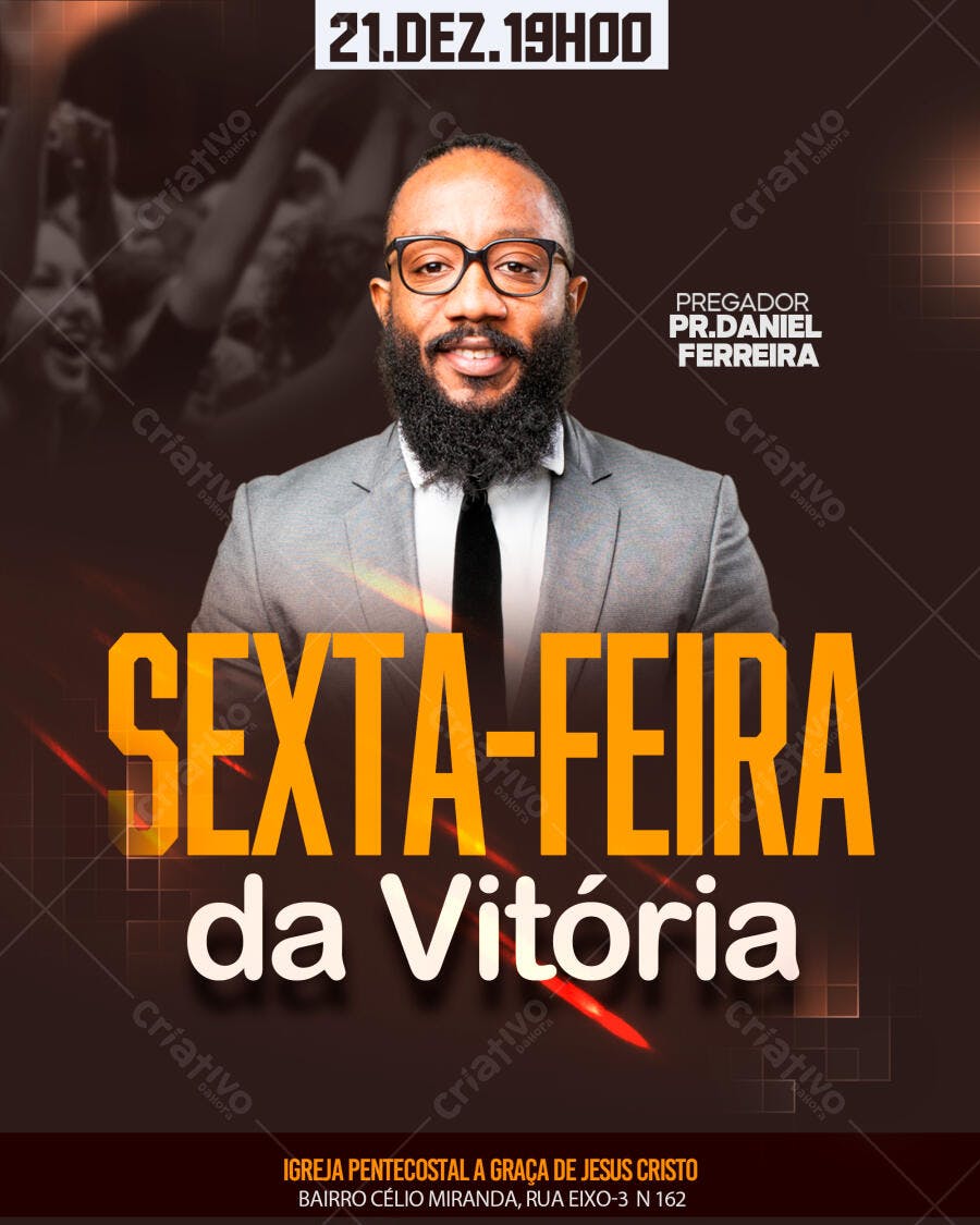 Flyer Igreja Sexta-Feira da Vitória com Pr. Daniel Ferreira PSD Editável