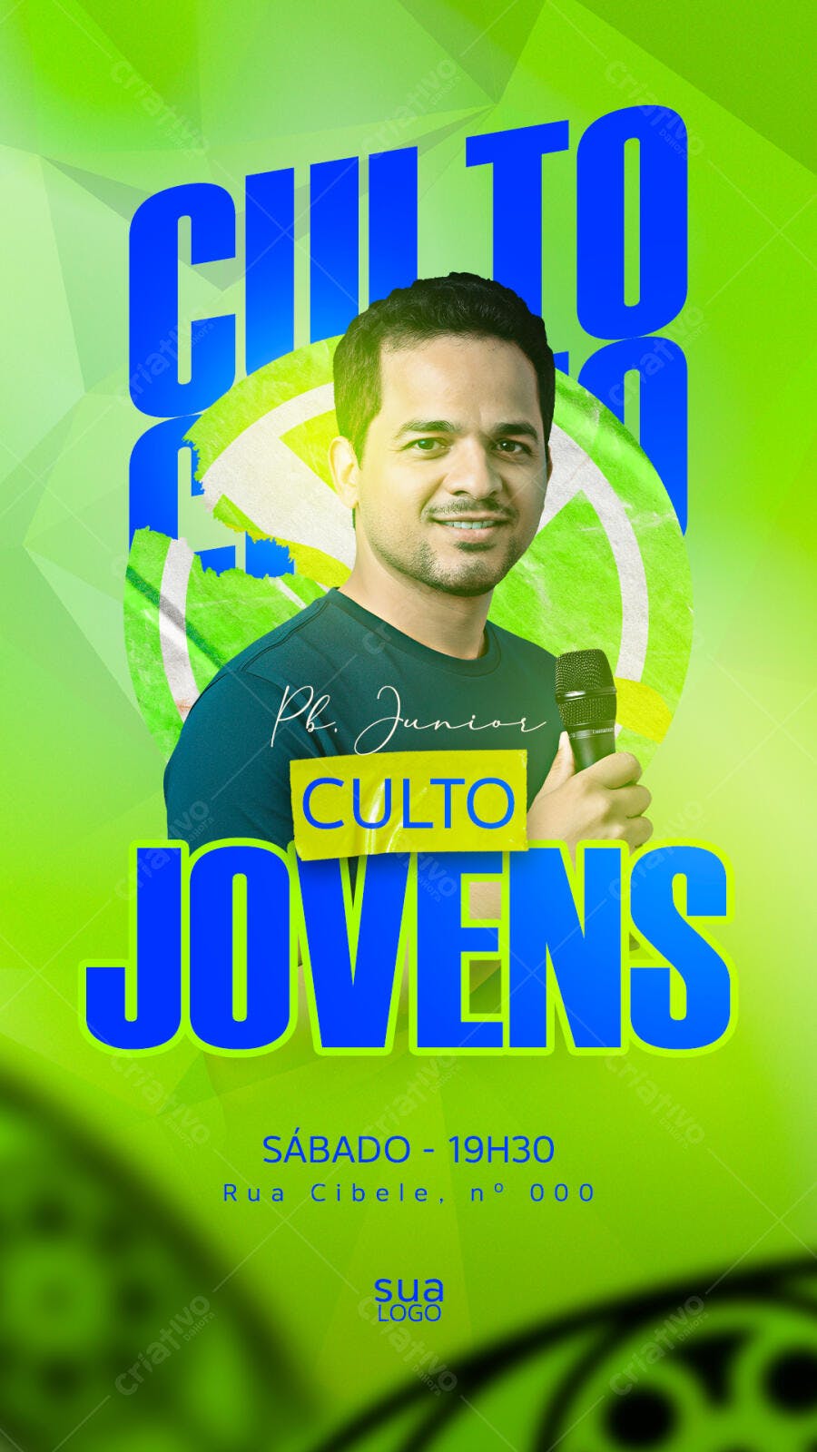 Flyer Culto Jovens com Pastor Ph. Junior Verde Vibrante PSD Editável