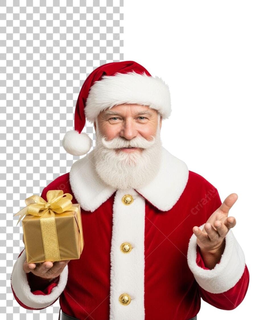 Papai Noel Sorrindo com Presente Dourado Natal 25 de Dezembro PNG com fundo transparente