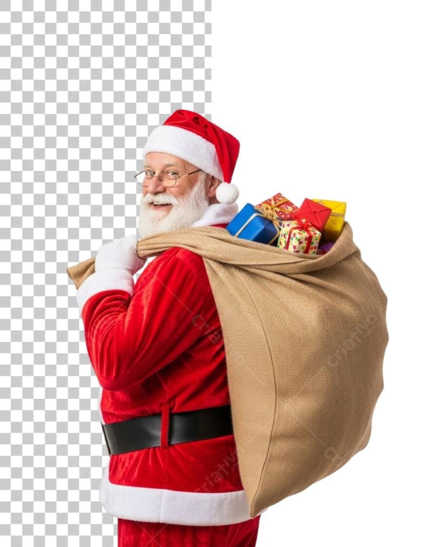 Personagem Papai Noel alegre com saco de presentes colorido para Natal PNG com fundo transparente
