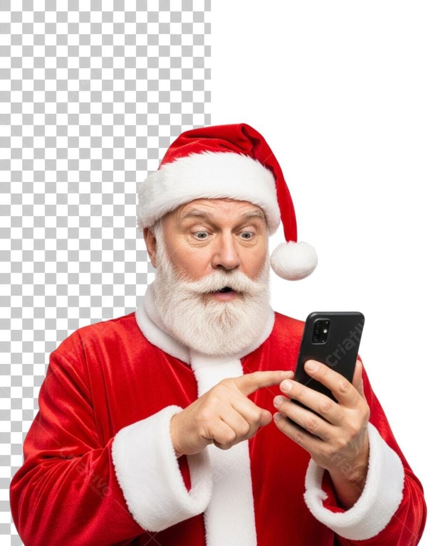 Post Redes Sociais Papai Noel Surpreso com Celular Natal PNG com fundo transparente