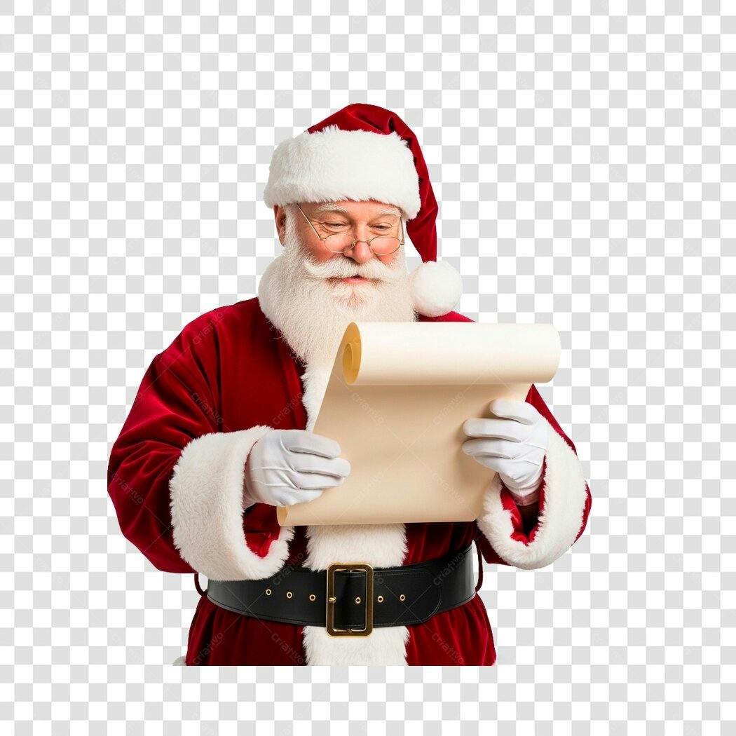 Ilustração Papai Noel lendo lista de presentes vermelho branco PNG com fundo transparente