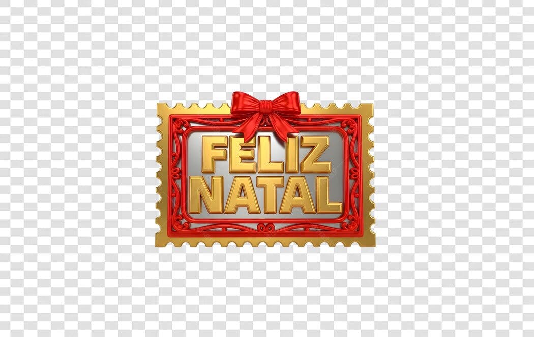 Selo 3D Feliz Natal dourado vermelho e laço PNG com fundo transparente