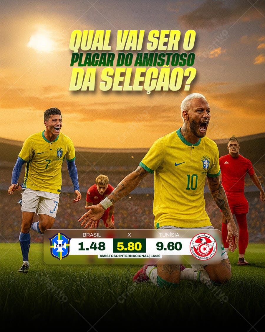 Flyer Aposta Futebol Brasil Tunísia Amistoso PSD Editável