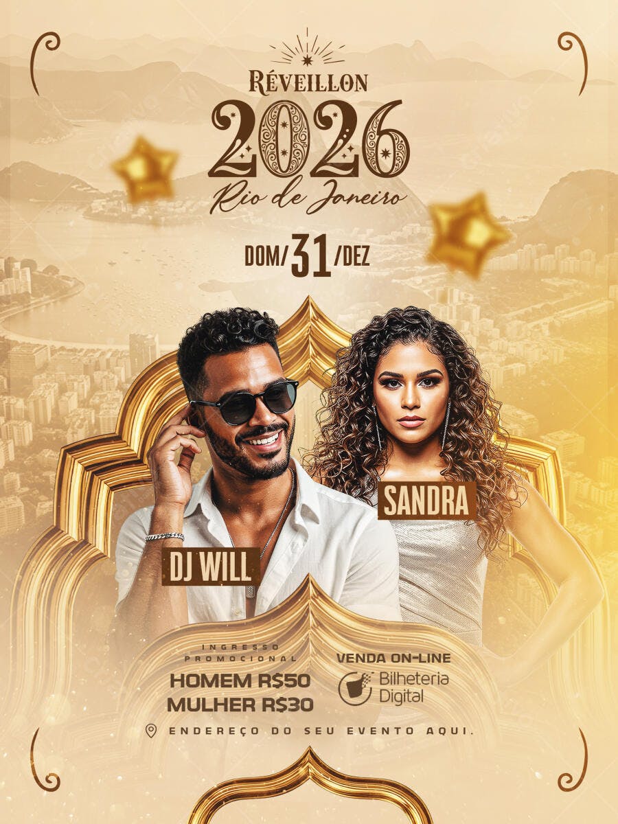 Flyer Réveillon 2026 Rio de Janeiro Festa Casal PSD Editável