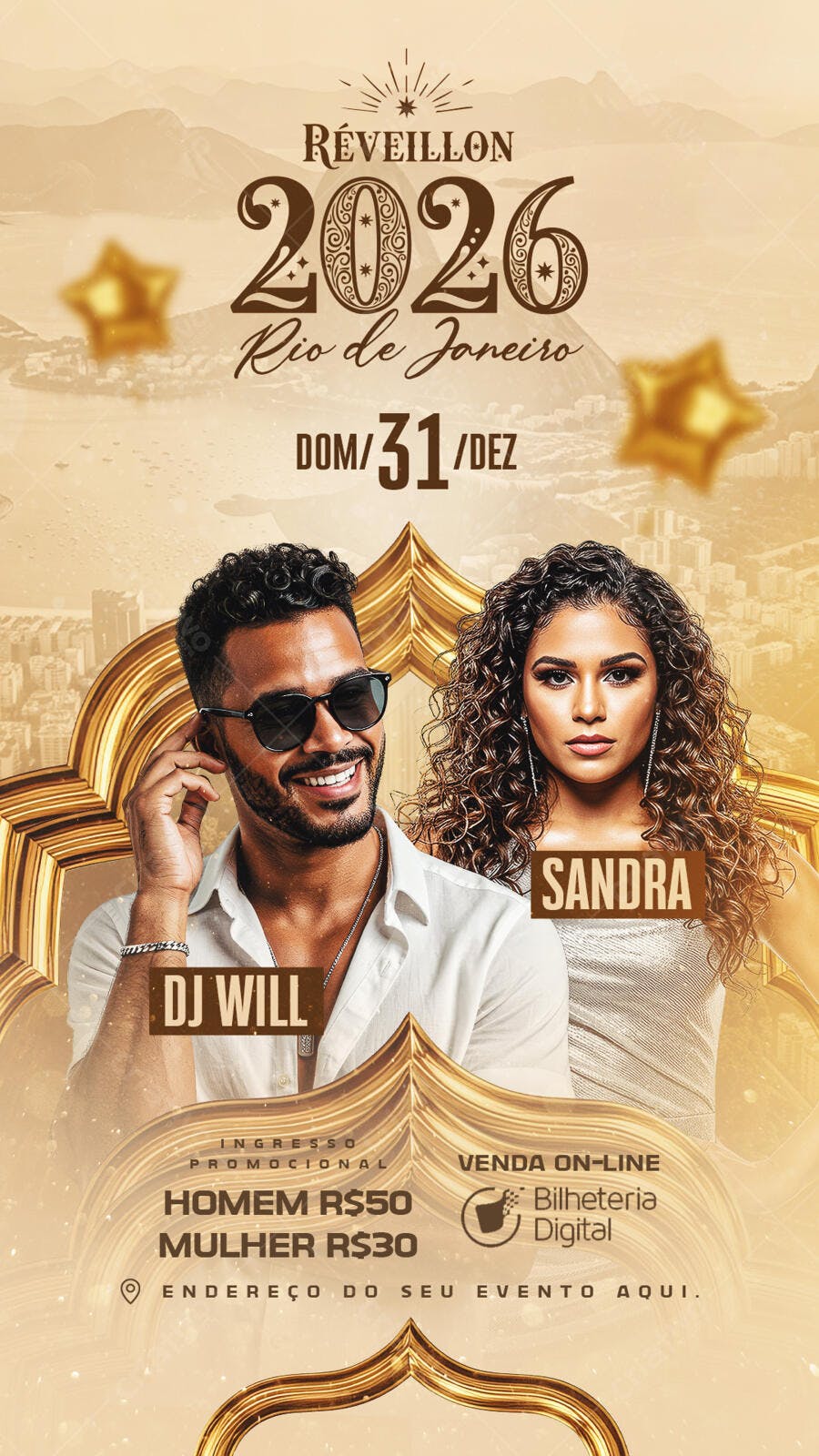 Flyer Réveillon 2026 Rio de Janeiro com DJ Will e Sandra PSD Editável