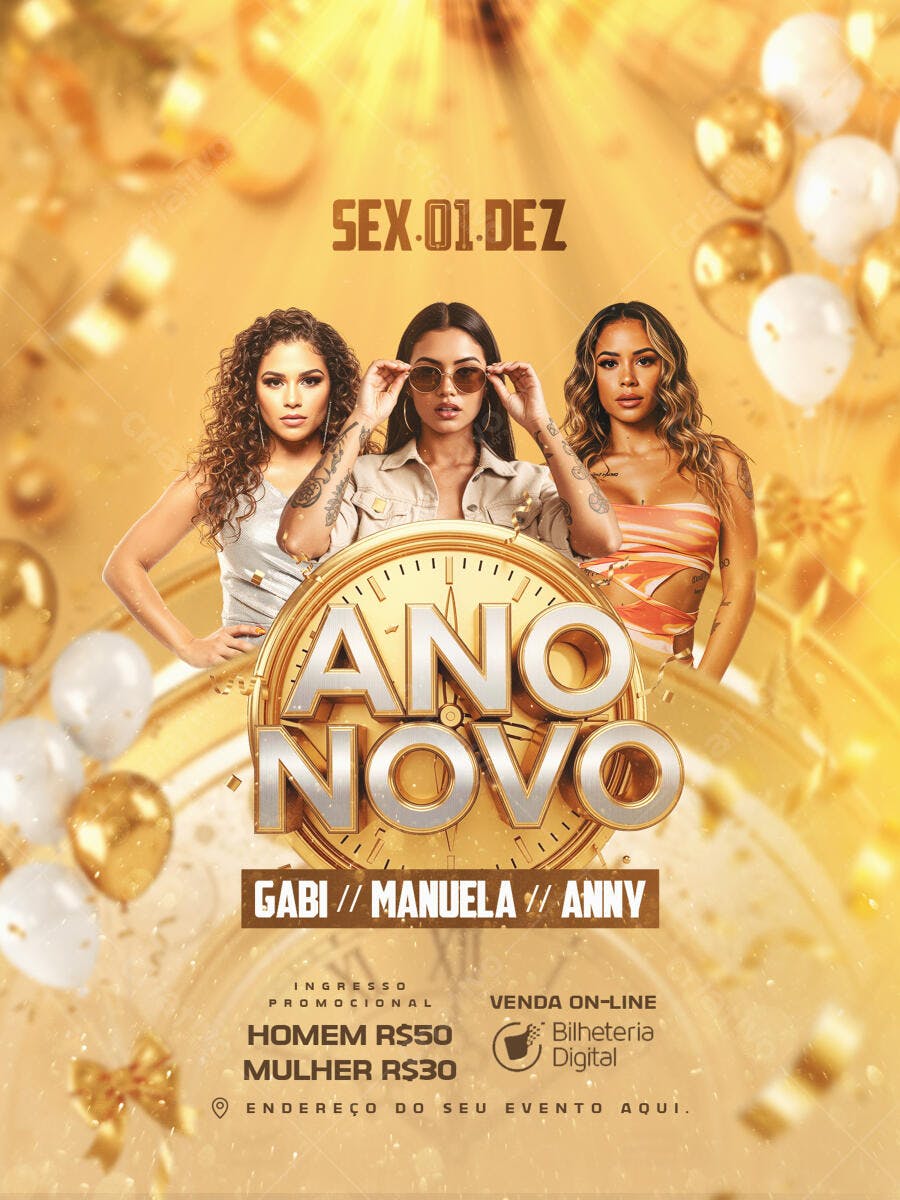 Flyer Ano Novo 01 Dezembro Gold Balões Gabi Manuela Anny PSD Editável