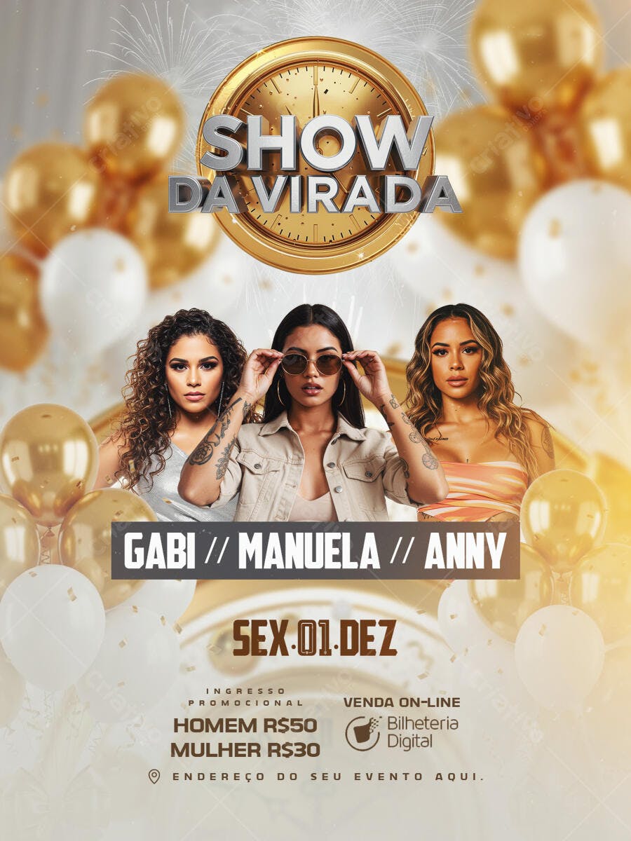 Flyer Show da Virada Festa Balada com Mulheres Jovens e Balões PSD Editável
