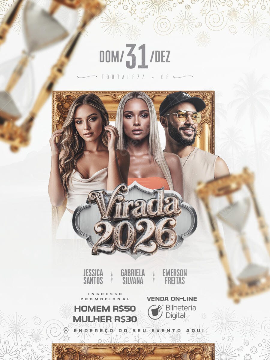 Flyer de Festa Virada 2026 com Modelos para Réveillon PSD Editável