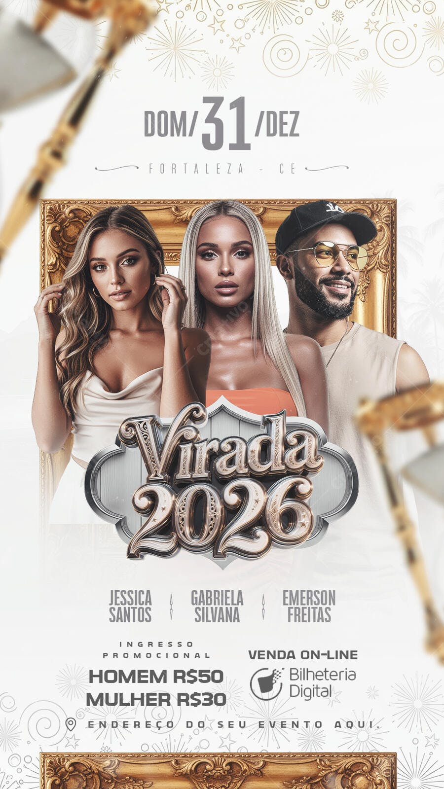 Flyer Virada 2026 Festa de Réveillon em Fortaleza PSD Editável
