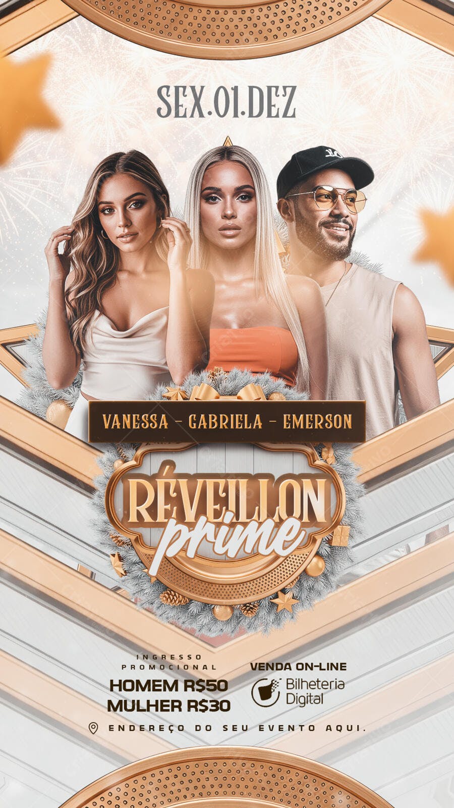 Flyer Festa Réveillon Prime Vanessa Gabriela Emerson PSD Editável