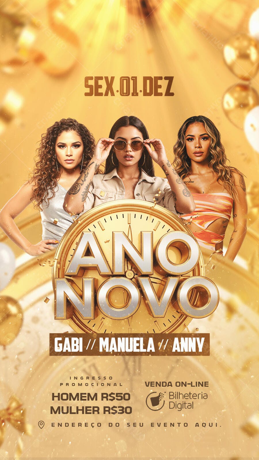 Flyer Festa Ano Novo Gabi Manuela Anny 01 DEZ PSD Editável