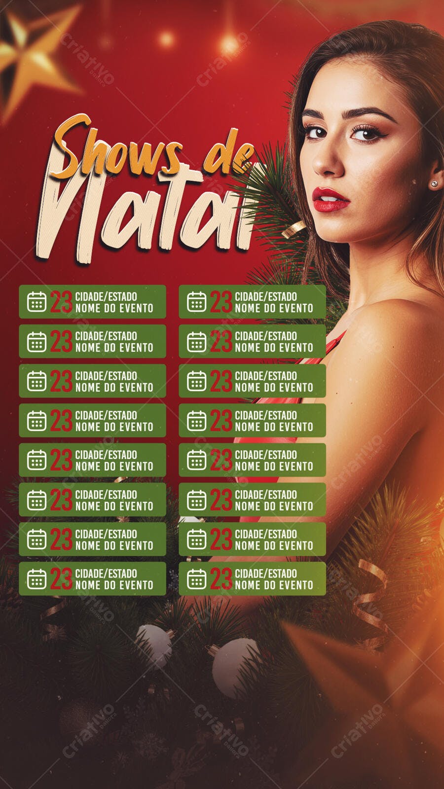 Flyer para Shows de Natal com Modelo e Decoração Festiva PSD Editável