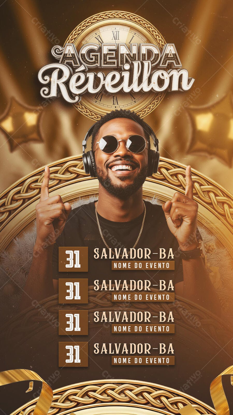 Agenda de Eventos Réveillon com DJ e Relógio Dourado PSD Editável