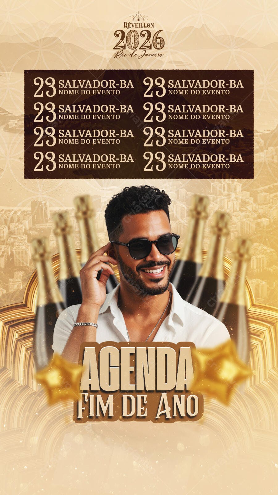 Flyer Agenda Réveillon 2026 para Salvador e Rio PSD Editável