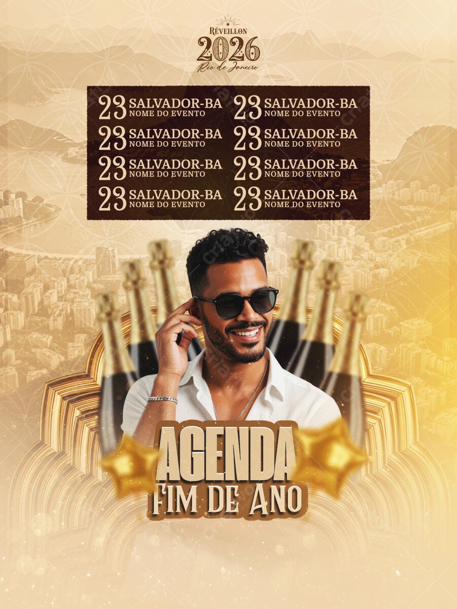 Flyer Réveillon Agenda Fim de Ano com Homem Sorrindo PSD Editável