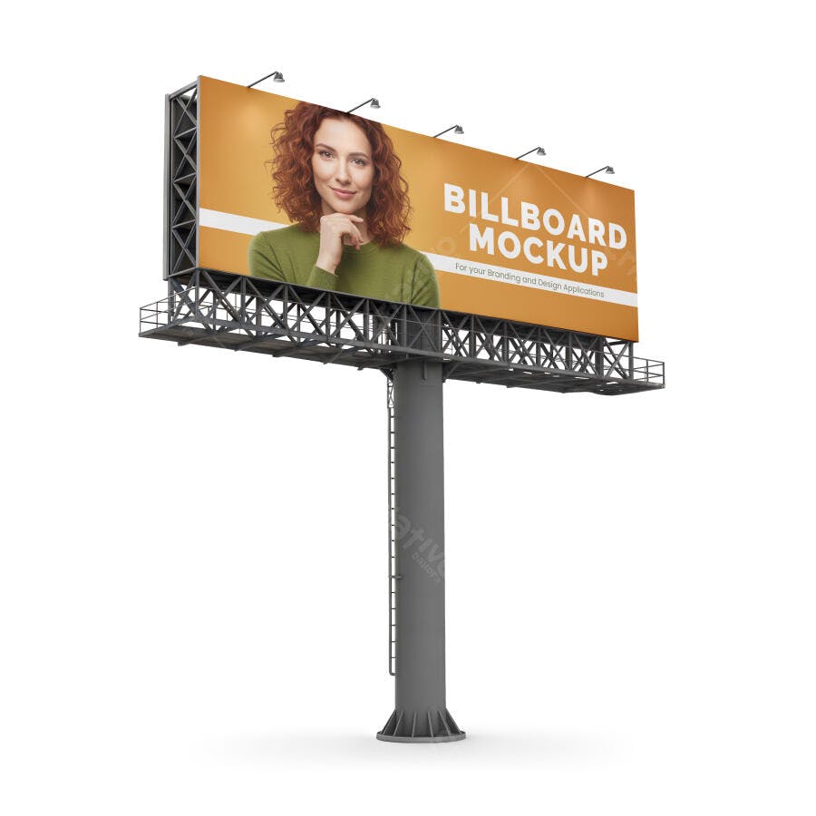 Mockup de Outdoor Gigante com Mulher Ruiva em Publicidade Laranja e Estrutura Cinza