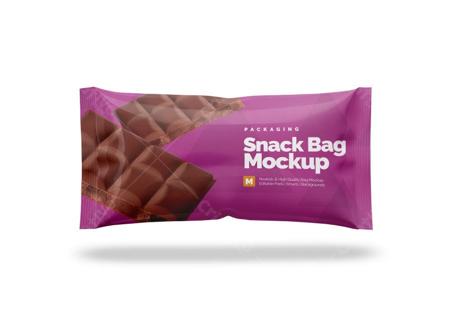 Mockup de Embalagem de Snack de Chocolate Roxo Flutuante Realista