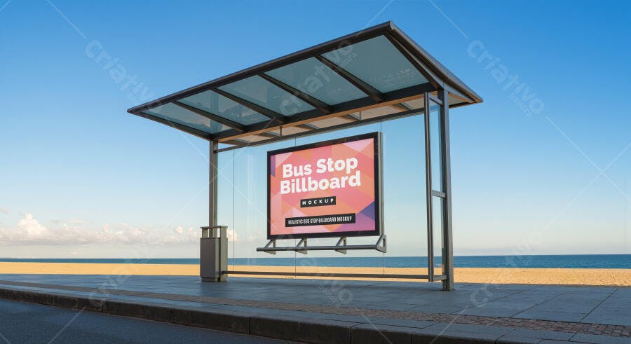 Mockup Realista de Painel Publicitário em Ponto de Ônibus Moderno na Praia