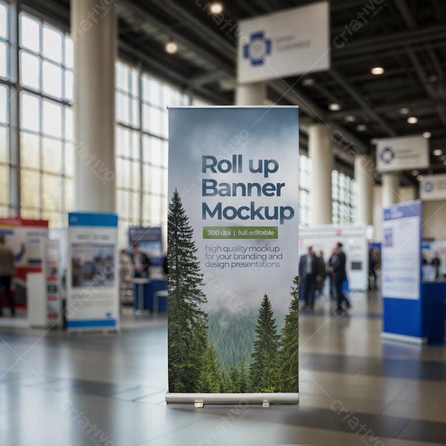 Mockup Roll Up Banner Realista para Eventos Corporativos em Feira de Negócios