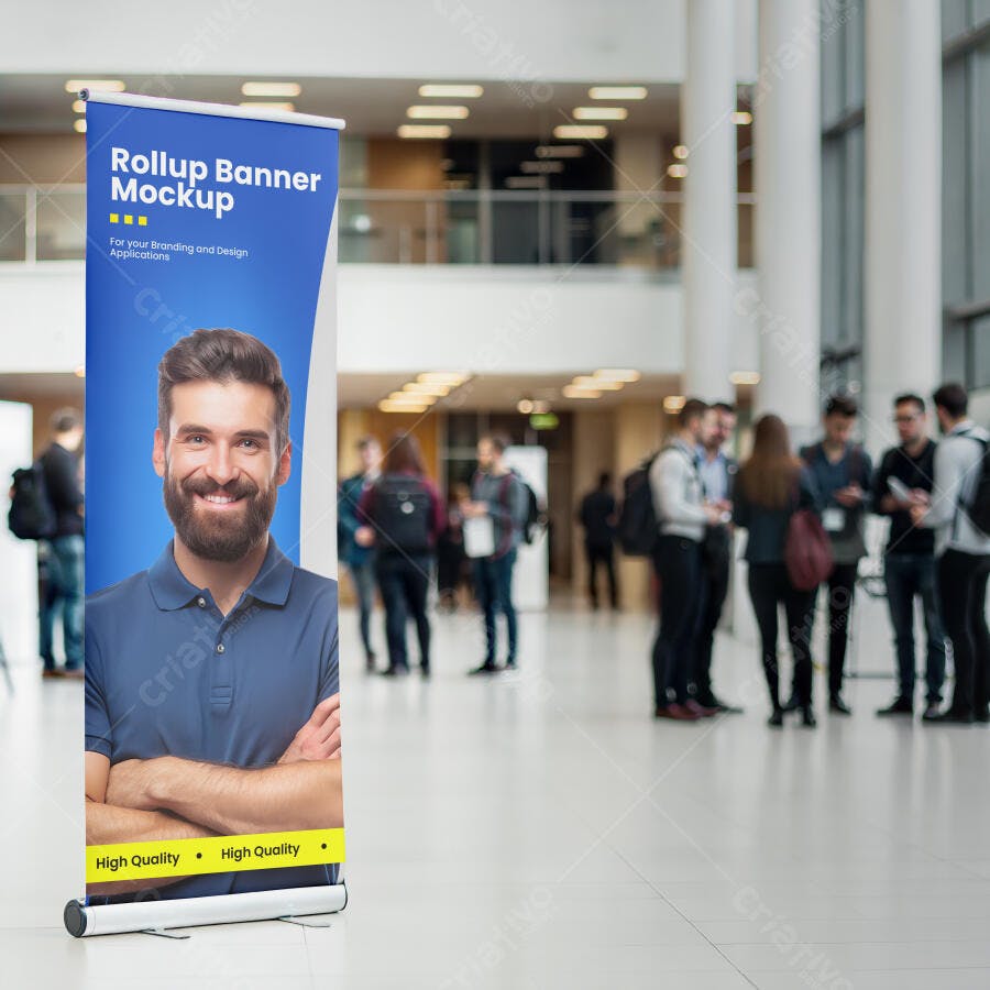 Mockup Rollup Banner Corporativo Moderno com Homem Profissional Sorridente em Evento