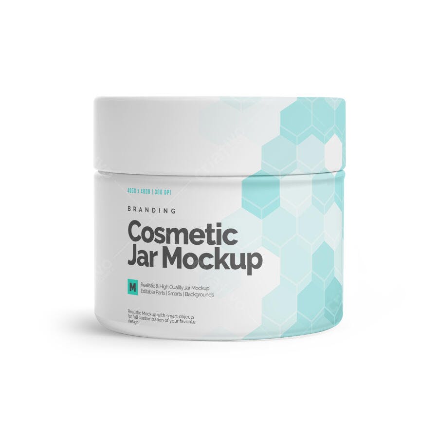 Mockup Realista Pote Cosmético Branco com Padrão Hexagonal Azul para Creme