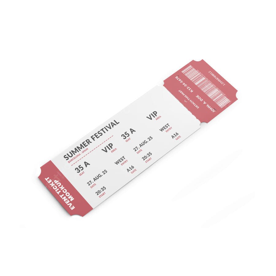 Mockup de Ingresso de Festival VIP Branco e Coral com Código de Barras