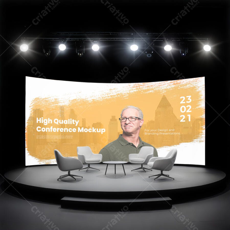 Mockup de Apresentação de Conferência em Palco com Speaker e Cadeiras Modernas